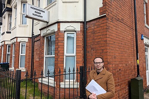 Coventry South PPC Stephen Richmond in front of the now closed Kensington Road GP Surgery in Earlsdon