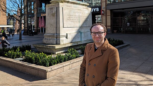Stephen Richmond stood outside the Lady Godiva Statue in Coventry City Centre