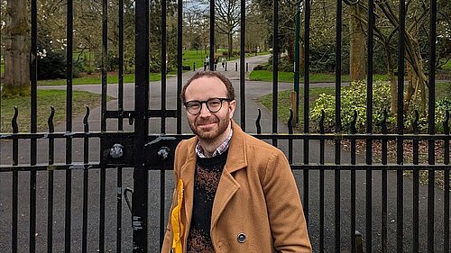 Coventry South Lib Dem candidate Stephen Richmond stood outside the War Memorial Park main gate